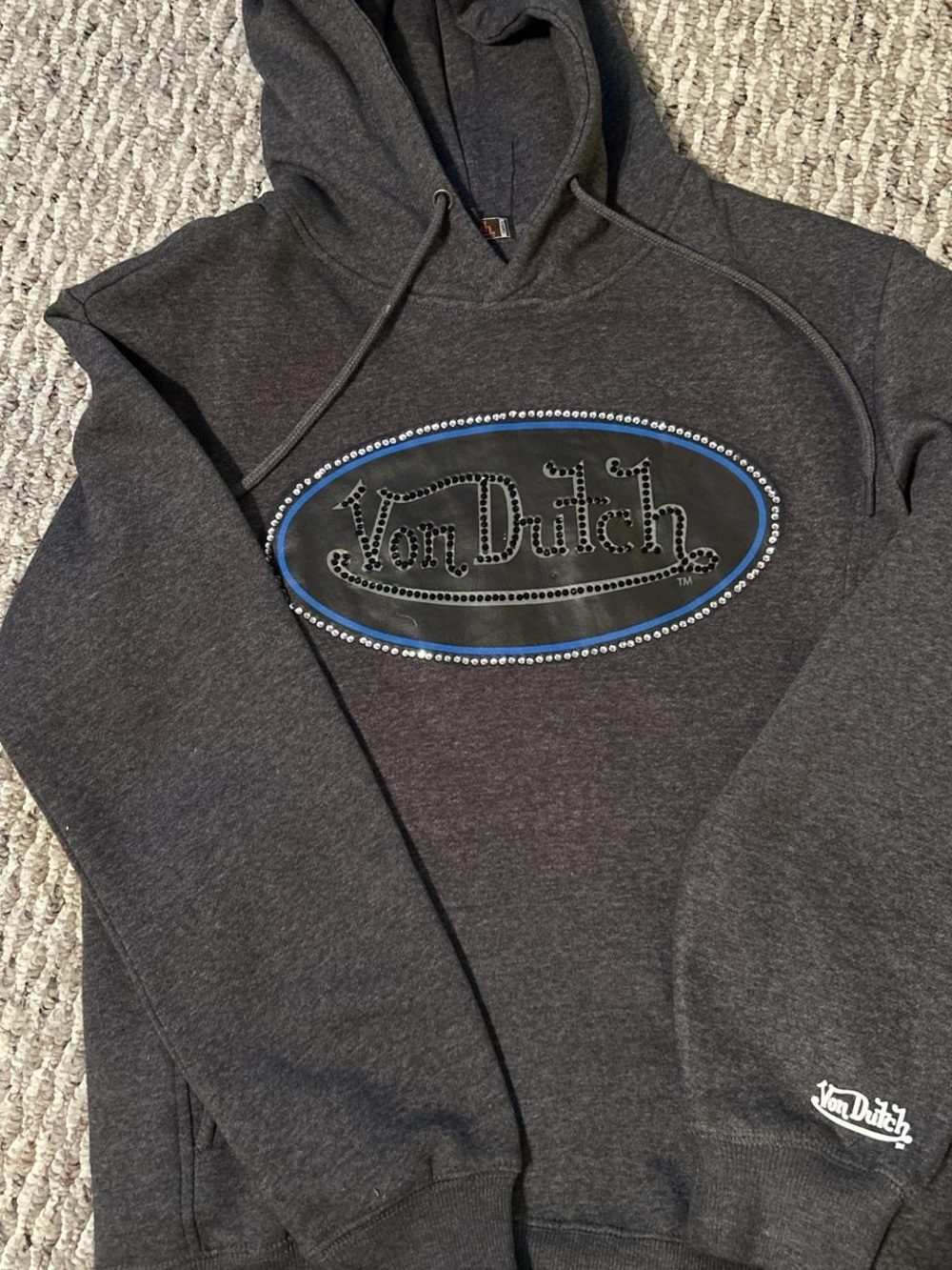 Von Dutch Dark Gray Crewneck Hoodie with Blue-Trim Rhinestone Logo